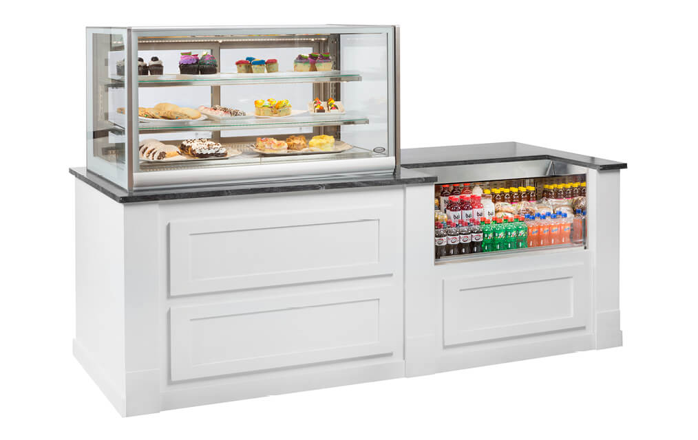 ITALIAN GLASS REFRIGERATED DROP-IN COUNTER TOP AND SSRVS3633 UNDER COUNTER SELF-SERVE MERCHADISER